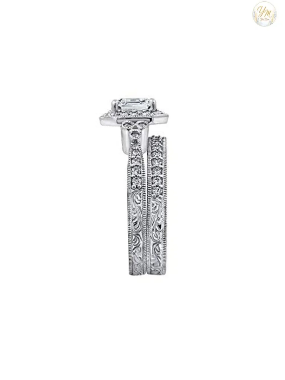 Platinum Plated Sterling Silver Antique Halo Engagement Ring Set with